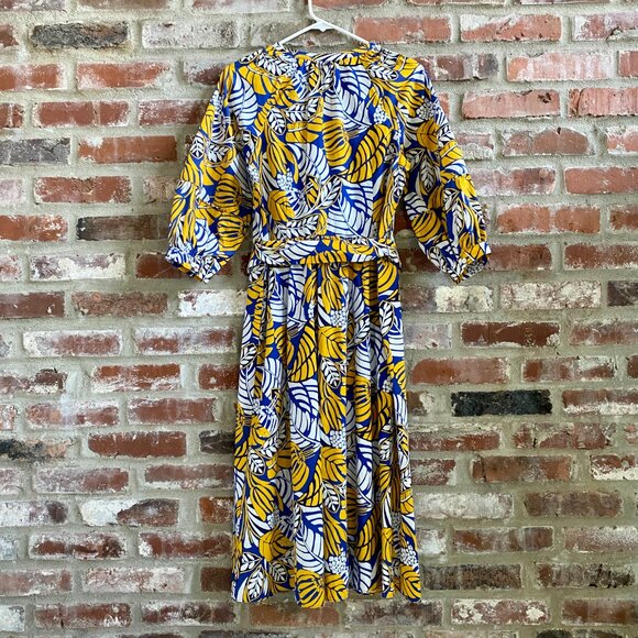 Talbots, YellowBlueWhite Dress, Button Front, Pockets, Waist Tie, Size 8P, NEW! - Picture 10 of 12